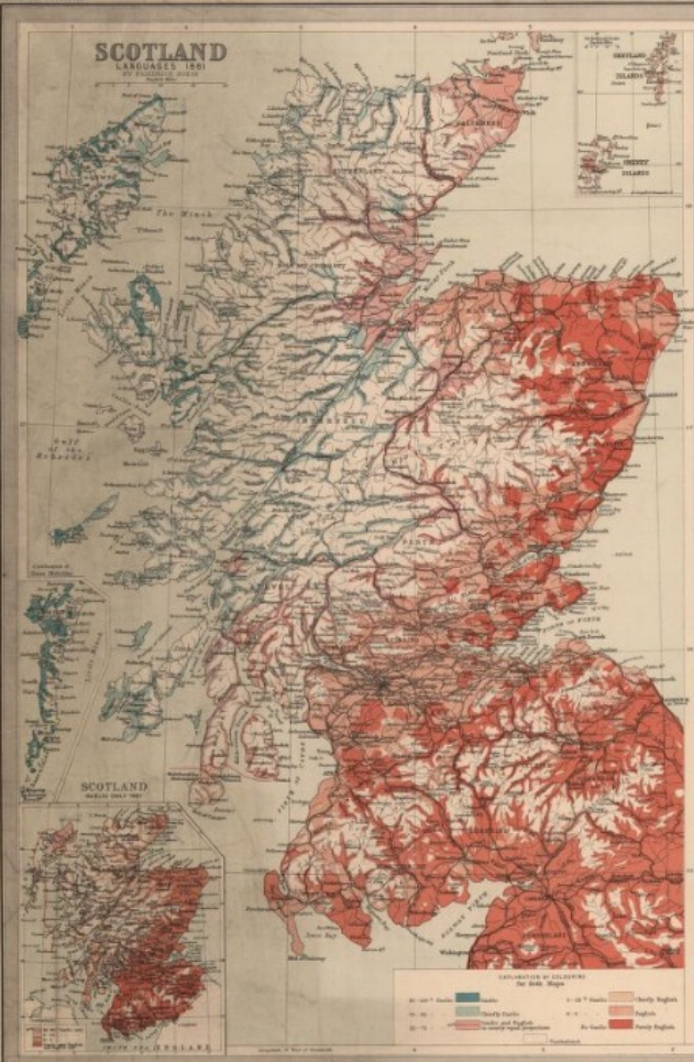 Map of Scotland in 1901 showing Dunure with about a 5% Gaelic speaking population.